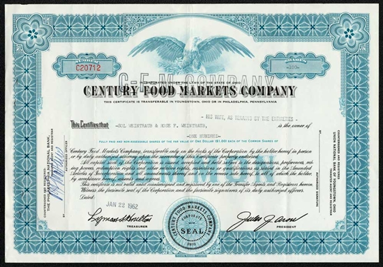 Century Food Markets Co Stock Certificate  - 1962