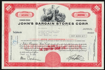 John's Bargain Stores Stock Certificate  - 1970