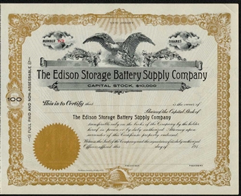 1910s - Edison Storage Battery Supply Co Stock Certificate - Thomas Edison