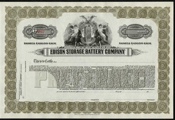1910s - Edison Storage Battery Company Stock Certificate - Thomas Edison