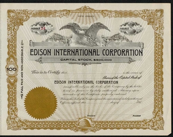 1910s - Edison International Corp Stock Certificate - Thomas Edison