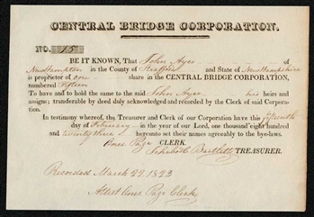 1823 Central Bridge Corp Stock Certificate - Signed by Ichabod Bartlett