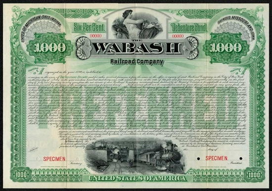 1889 Wabash Railroad Company $1,000 Specimen Bond