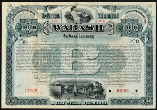 1889 Wabash Railroad Company $10,000 Specimen Bond