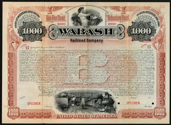 1889 Wabash Railroad Company $1,000 Specimen Bond