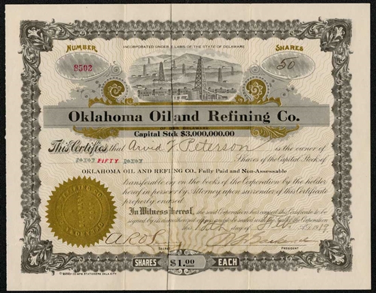 Oklahoma Oil and Refining Co Stock Certificate - 1919