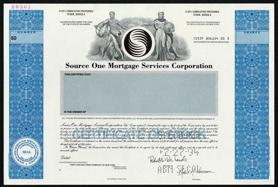 Source One Mortgage Services Corp Specimen Stock Certificate