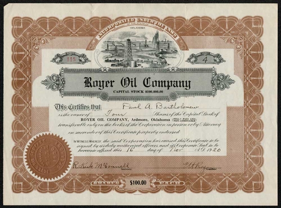 Royer Oil Company Stock Certificate - 1920 -  Oklahoma Oil