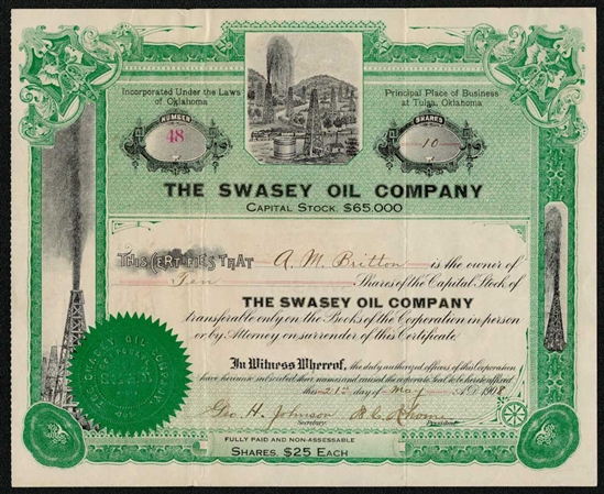 The Swasey Oil Company Stock Certificate - 1908 -  Oklahoma Oil