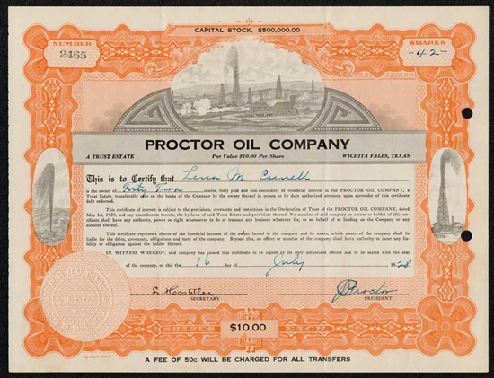 The Proctor Oil Company Stock Certificate - 1928 -  Texas