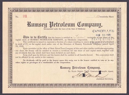 Rumsey Petroleum Company Stock Certificate  - 1920 - Oklahoma Oil