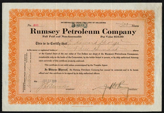 Rumsey Petroleum Company Stock Certificate  - 1920 - Oklahoma Oil