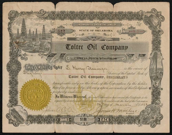 Toltec Oil Company Stock Certificate  - 1918 - Oklahoma Oil