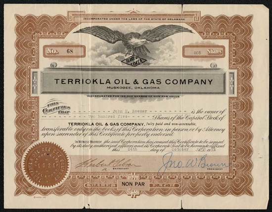 Terriokla Oil & Gas Company Stock Certificate  - 1921 - Oklahoma Oil