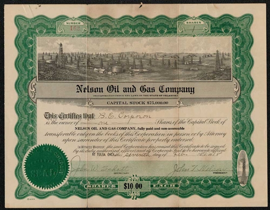Nelson Oil & Gas Company Stock Certificate  - 1918 - Oklahoma Oil