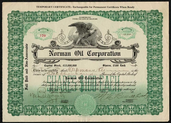 Norman Oil Corp Stock Certificate  - 1920s - Oklahoma Oil