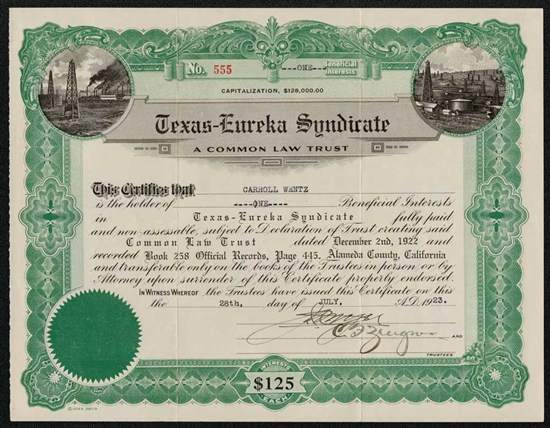 Texas-Eureka Syndicate Stock Certificate - 1923 - Texas Oil