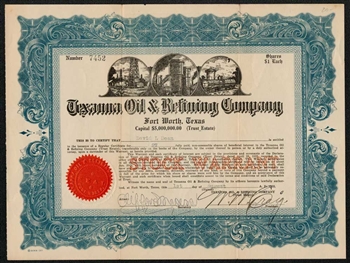 Texanna Oil & Refining Co Stock Certificate - 1922