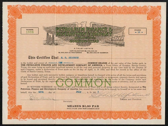 Petroleum Finance & Development Co - Houston, Texas - 1923
