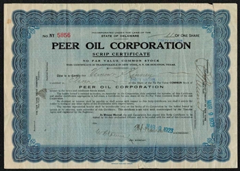 Peer Oil Corp Stock Certificate - 1923 - Houston, Texas