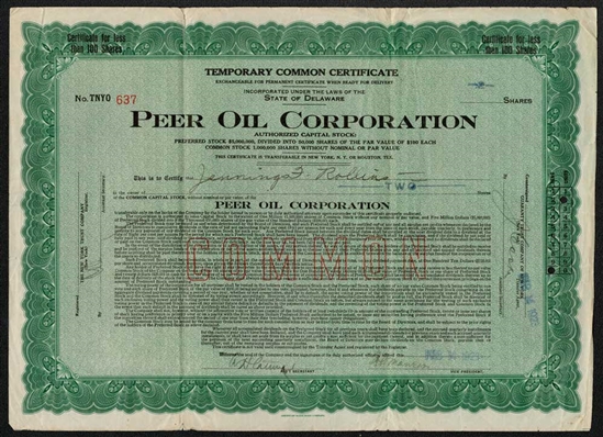 Peer Oil Corp Stock Certificate - 1923 - Houston, Texas