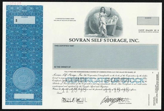 Sovran Self Storage Specimen Stock Certificate