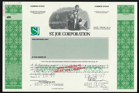 St. Joe Corp Specimen Stock Certificate