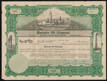 Placentia Oil Company Stock Certificate  - 1920 - California