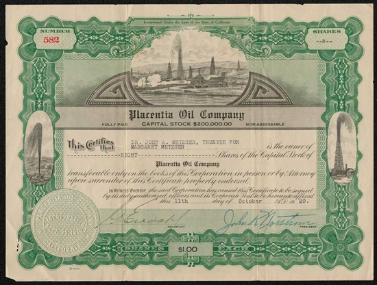 Placentia Oil Company Stock Certificate  - 1920 - California
