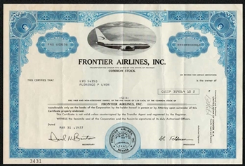 Frontier Airlines, Inc. Stock Certificate - RARE
