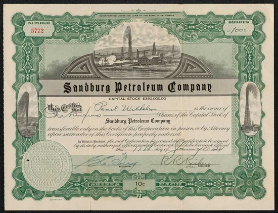 Sandburg Petroleum Company Stock Certificate