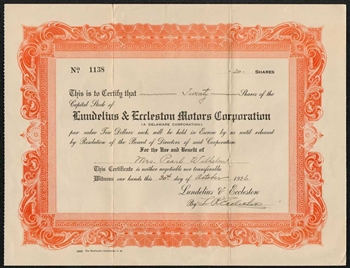 Lundelius & Eccleston Motors Corporation - Signed by L.R. Eccleston