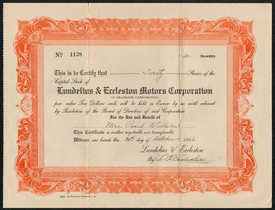 Lundelius & Eccleston Motors Corporation - Signed by L.R. Eccleston