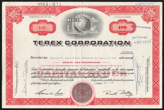 Terex Corporation Stock Certificate - 1962