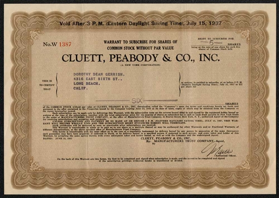 Cluett, Peabody & Co, Inc Warrant Certificate - 1937