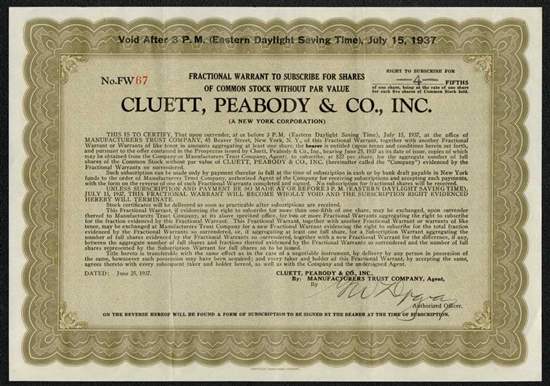Cluett, Peabody & Co, Inc Warrant Certificate - 1937
