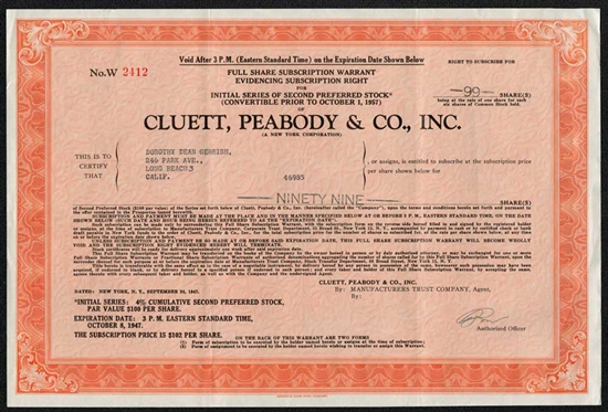 Cluett, Peabody & Co, Inc Warrant Certificate  - 1947