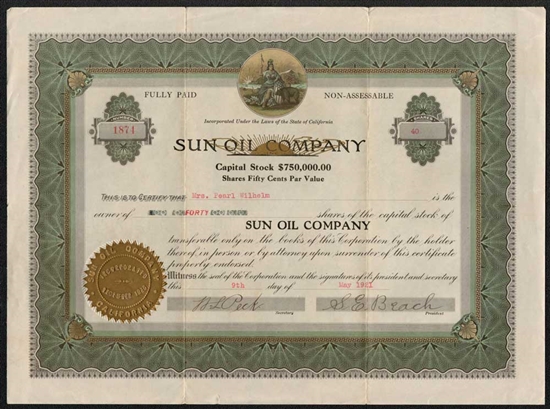 Sun Oil Company Stock Certificate - 1921