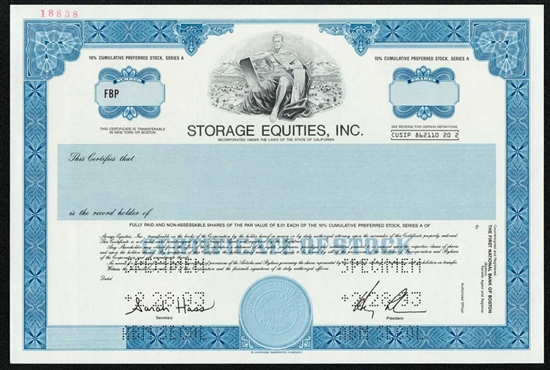 Storage Equities Inc. Specimen Stock Certificate