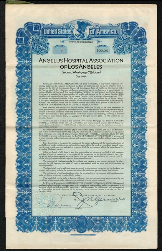 Angelus Hospital Assoc of Los Angeles Gold Bond - 1929