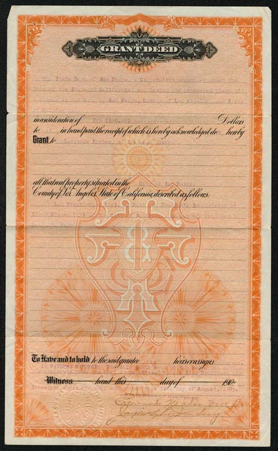 State Bank of San Pedro, CA Land Deed - 1909