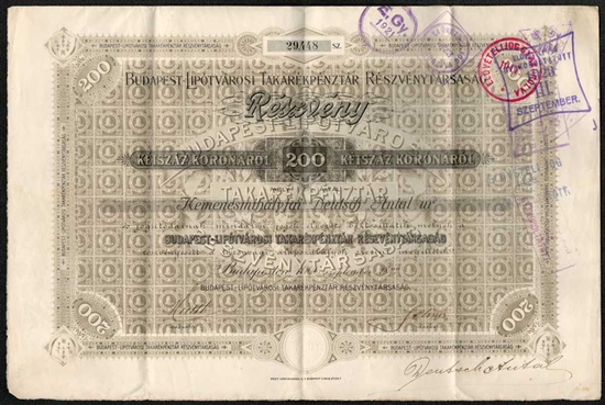 Budapest Lipotvarosi Takarekpenztar Reszvenytarsasag - 200 Korona Bond