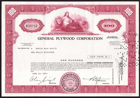 General Plywood Corp. Stock Certificate - 1973
