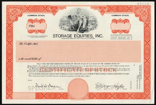 Storage Equities Inc. Specimen Stock Certificate