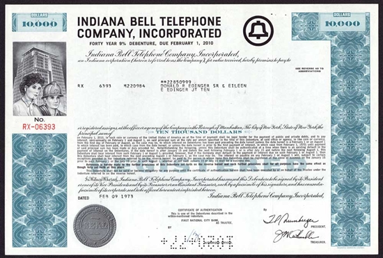 Indiana Bell Telephone Company $10,000 Bond (Ameritech)
