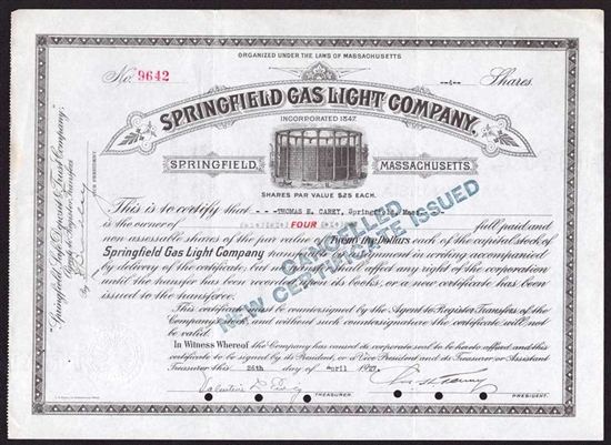 Springfield Gas Light Company Stock Certificate - 1927