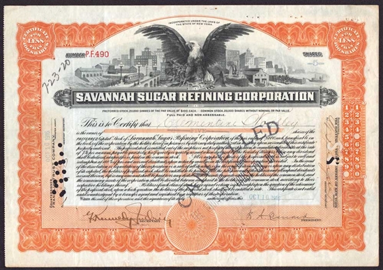 Savanna Sugar Refining Corp Stock Certificate - 1916