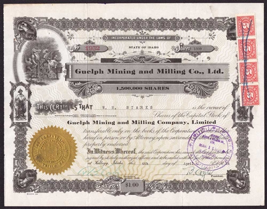Guelph Mining and Milling Co., Ltd Stock Certificate