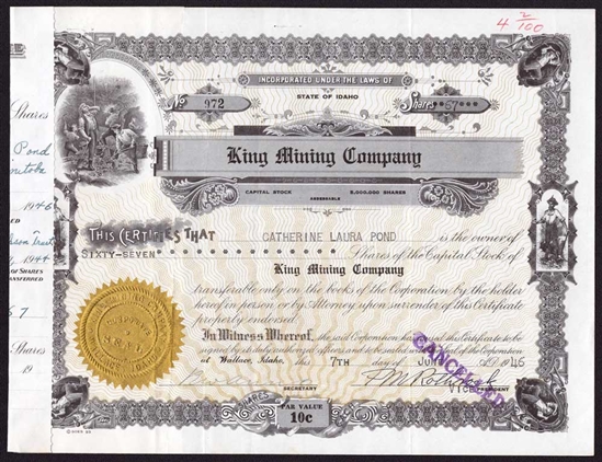 King Mining  Company Stock Certificate - Idaho