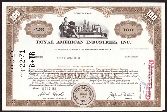 Royal American Industries, Inc. Stock Certificate - 1968